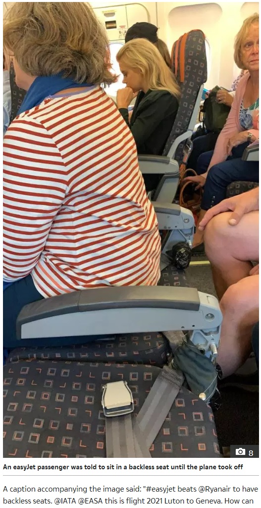 イージージェット、背もたれのない座席で運行（画像は『The Sun　2019年8月6日付「SIT BACK, DON’T RELAX! Easyjet passenger pictured sitting on seat with NO BACK – before airline tries to get snap removed from Twitter」』のスクリーンショット）