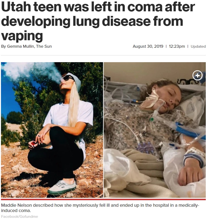 電子タバコにより少女が一時、昏睡状態に（画像は『New York Post　2019年8月30日付「Utah teen was left in coma after developing lung disease from vaping」（Facebook/Gofundme）』のスクリーンショット）