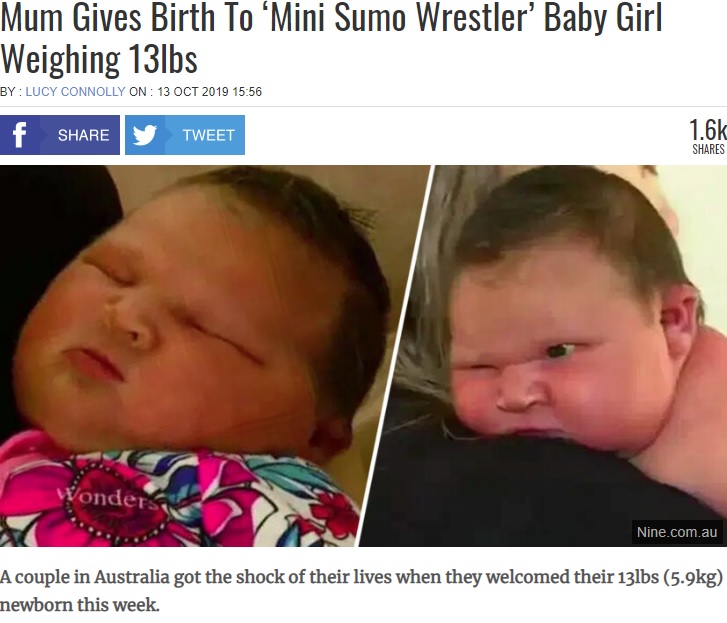 5880グラムで誕生した女児（画像は『UNILAD　2019年10月13日付「Mum Gives Birth To ‘Mini Sumo Wrestler’ Baby Girl Weighing 13lbs」（Nine.com.au）』のスクリーンショット）