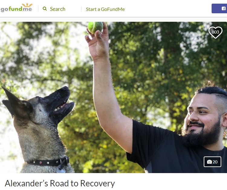 犬の散歩中に雷の直撃を受けた男性（画像は『GoFoudMe　2019年10月4日付「Alexander’s Road to Recovery」』のスクリーンショット）