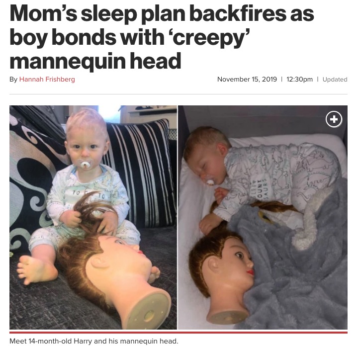 どこへ行くにもマネキンの頭と一緒の男の子（画像は『New York Post　2019年11月15日付「Mom’s sleep plan backfires as boy bonds with ‘creepy’ mannequin head」（Kennedy News and Media）』のスクリーンショット）