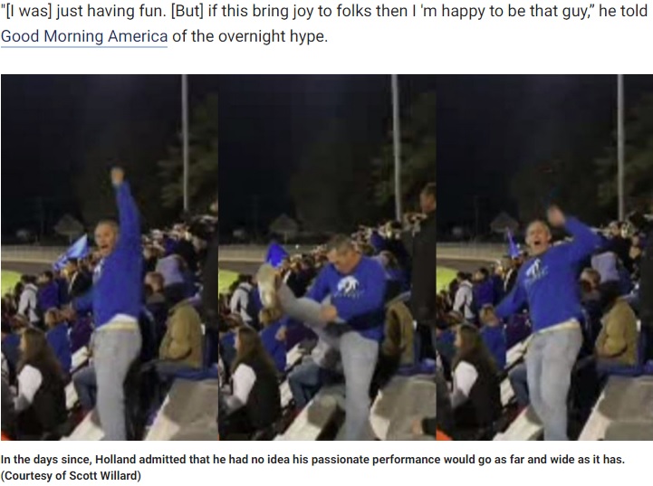 ノリノリで踊る父親（画像は『Fox News　2019年11月6日付「Virginia ‘cheer dad’ goes viral for football game performance: ‘This guy is legit’」（Courtesy of Scott Willard）』のスクリーンショット）