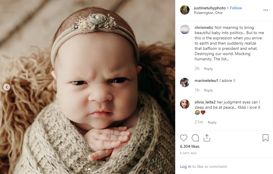 怒った顔の赤ちゃん（画像は『Justine Tuhy Photography　2019年12月4日付Instagram「These might just be the best baby facial expressions I have ever captured! Mom and Dad both said she came out with this same face!」』のスクリーンショット）