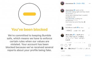 ブロック画面を公開したシャロン・ストーン（画像は『Sharon Stone　2019年12月29日付Instagram「I went on the ＠bumble dating sight and they closed my account.」』のスクリーンショット）
