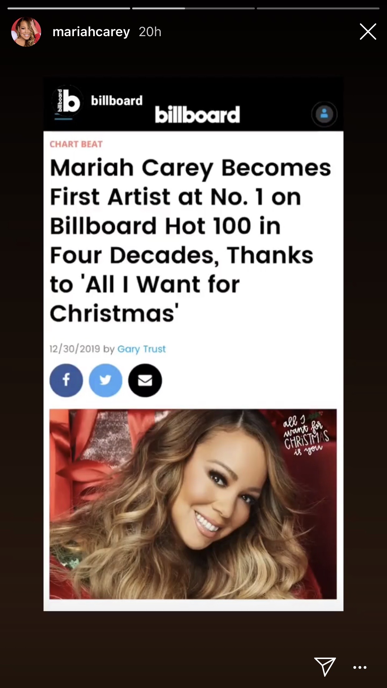 『恋人たちのクリスマス』が最新「Billboard Hot 100」で3週連続首位に（画像は『Mariah Carey　2019年12月30日付Instagram』のスクリーンショット）