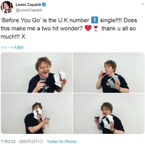 『ビフォア・ユー・ゴー』の全英シングルチャート1位を喜ぶルイス（画像は『Lewis Capaldi　2020年1月31日付Twitter「‘Before You Go’ is the U.K number 1 single!!!!」』のスクリーンショット）