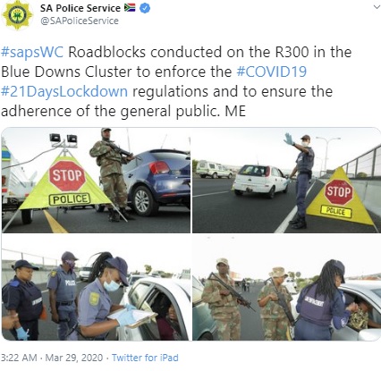 取り締まりを強化する警察（画像は『SA Police Service　2020年3月29日付Twitter「＃sapsWC Roadblocks conducted on the R300 in the Blue Downs Cluster to enforce the ＃COVID19 ＃21DaysLockdown regulations and to ensure the adherence of the general public.」』のスクリーンショット）