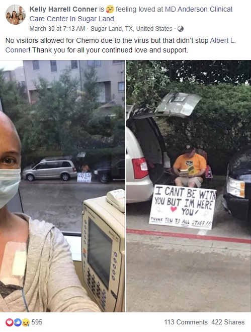 がんの治療をする妻と外で励ます夫（画像は『Kelly Harrell Conner　2020年3月30日付Facebook「No visitors allowed for Chemo due to the virus but that didn’t stop Albert L. Conner!」』のスクリーンショット）