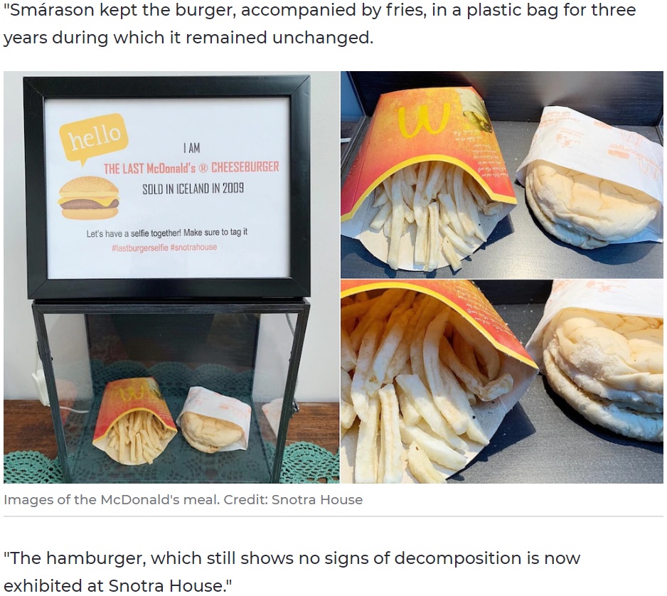 10年経ったチーズバーガーとフライドポテト（画像は『7NEWS.com.au　2019年11月2日付「Decade-old McDonald’s meal remains almost completely intact in Iceland hostel」（Credit: Snotra House）』のスクリーンショット）