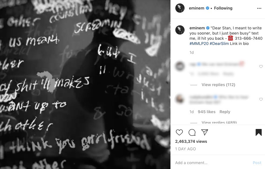 電話番号を公開したエミネム（画像は『Marshall Mathers　2020年5月25日付Instagram「“Dear Stan, I meant to write you sooner, but I just been busy” text me, ill hit you back」』のスクリーンショット）