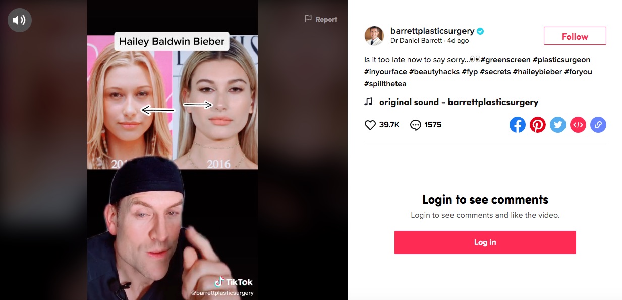 ヘイリーの写真を並べ、整形疑惑に言及するバレット医師（画像は『barrettplasticsurgery　2020年5月23日付TikTok「Is it too late now to say sorry...」』のスクリーンショット）