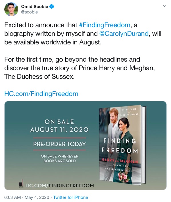 8月に発売予定の伝記本『FINDING FREEDOM（仮タイトル：自由を探して）』（画像は『Omid Scobie　2020年5月4日付Twitter「Excited to announce that ＃FindingFreedom, a biography written by myself and ＠CarolynDurand, will be available worldwide in August.」』のスクリーンショット）