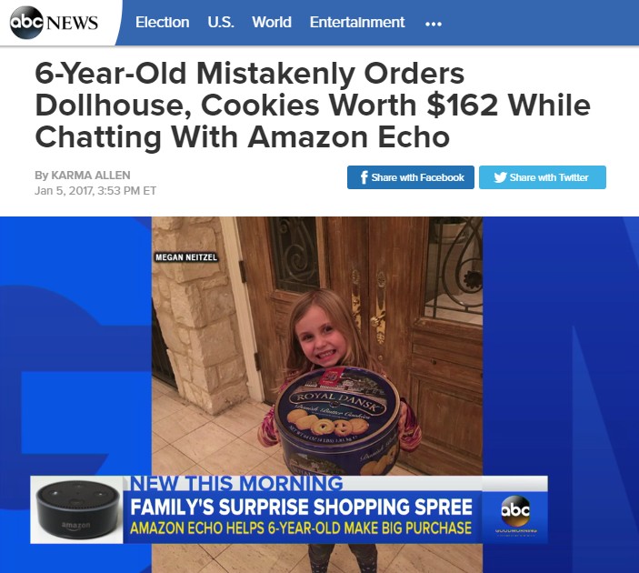 大人買いしたクッキーを手に嬉しそうなブルックちゃん（画像は『ABC News　2017年1月6日付「6-Year-Old Mistakenly Orders Dollhouse, Cookies Worth ＄162 While Chatting With Amazon Echo」』のスクリーンショット）