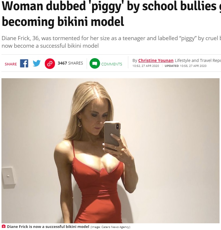 認知行動療法とボディビルでかなりの変貌を遂げた36歳の女性（画像は『Daily Star　2020年4月27日付「Woman dubbed ‘piggy’ by school bullies gets revenge by becoming bikini model」（Image: Caters News Agency）』のスクリーンショット）