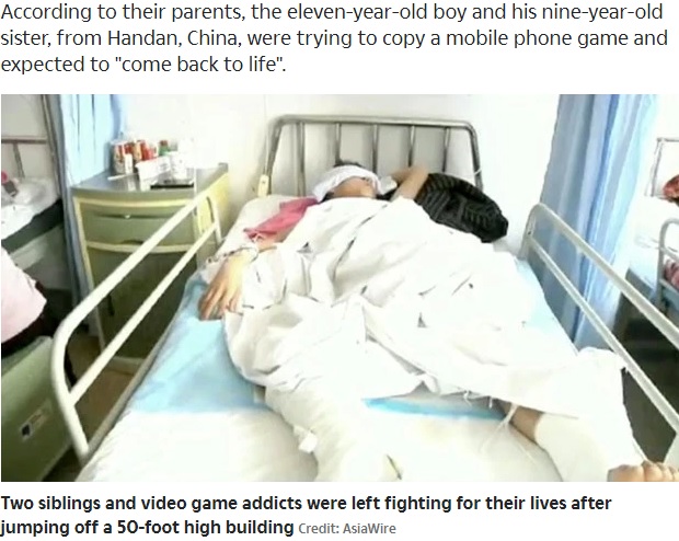 入院する兄妹のうちの1人（画像は『The Sun　2020年5月14日付「NO GAME Video game addict, 11, and sister, 9, fight for life after jumping off 50ft building ‘thinking they’d come back to life’」（Credit: AsiaWire）』のスクリーンショット）