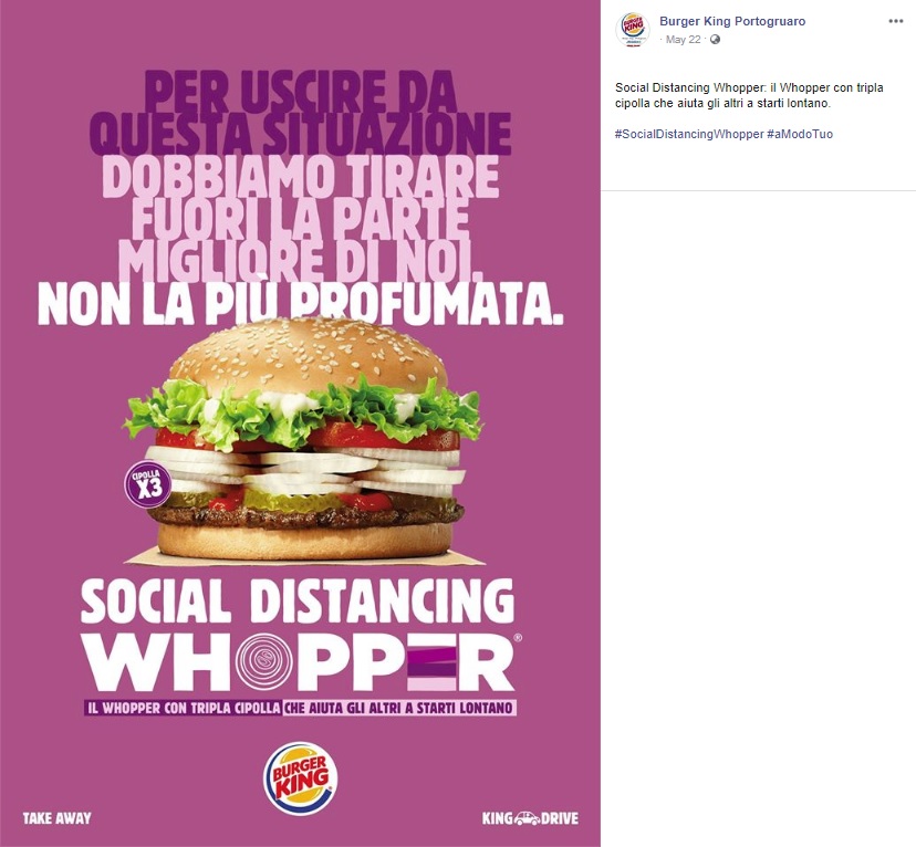 生玉ねぎ3倍増量で誰も寄ってこない？（画像は『Burger King Portogruaro　2020年5月22日付Facebook「Social Distancing Whopper: il Whopper con tripla cipolla che aiuta gli altri a starti lontano.」』のスクリーンショット）