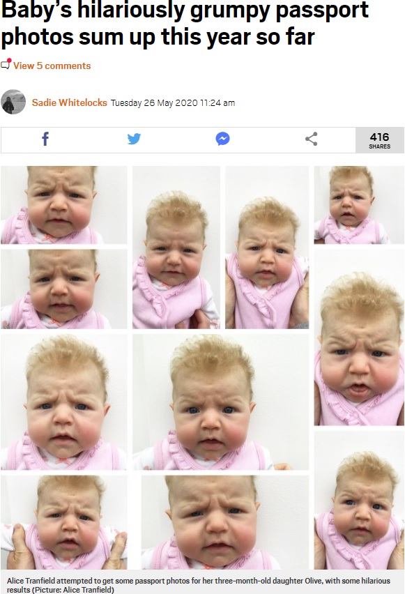どの写真を見ても眉間にしわを寄せている赤ちゃん（画像は『Metro　2020年5月26日付「Baby’s hilariously grumpy passport photos sum up this year so far」（Picture: Alice Tranfield）』のスクリーンショット）