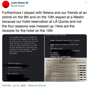 領収書などを公開し、身の潔白を証明したジャスティン（画像は『Justin Bieber　2020年6月21日付Twitter「Furthermore I stayed with Selena and our friends at an airbnb on the 9th and on the 10th stayed at a Westin because our hotel reservation at LÀ Quinta and not the four seasons was messed up.」』のスクリーンショット）