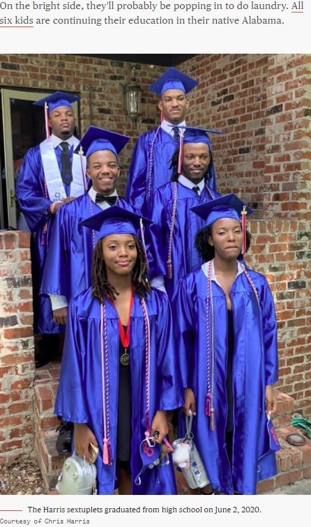 6人揃って高校を卒業（画像は『TODAY　2020年6月12日付「The first surviving black sextuplets graduate from high school — see them now」（Courtesy of Chris Harris）』のスクリーンショット）