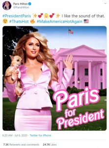 ピンク大好きなパリス・ヒルトンらしい選挙ポスター（画像は『Paris Hilton　2020年7月5日付Twitter「＃PresidentParis I like the sound of that.」』のスクリーンショット）