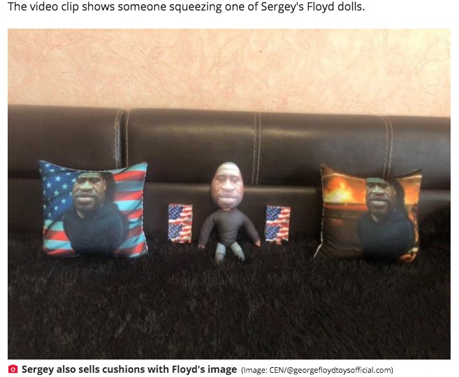 フロイドさんを模した人形と枕（画像は『Daily Star　2020年7月10日付「Bizarre George Floyd ￡40 stress dolls from toymaker spark fury as he gets death threats」（Image: CEN/＠georgefloydtoysofficial.com）』のスクリーンショット）