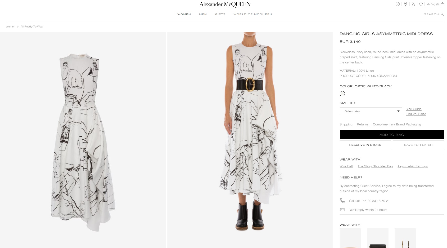 メラニア夫人が着用していた「Alexander McQueen」のワンピース（画像は『Alexander McQueen　「DANCING GIRLS ASYMMETRIC MIDI DRESS EUR 3.140」』のスクリーンショット）