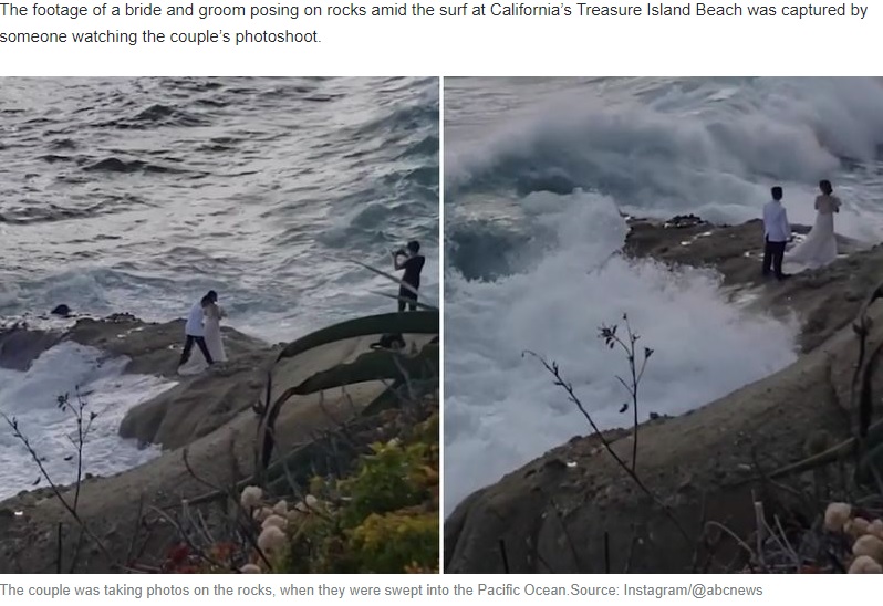 正装し記念撮影をするカップル（画像は『Yahoo News Australia　2020年7月2日付「Terrifying moment couple swept away while posing for wedding photos」（Source: Instagram/@abcnews）』のスクリーンショット）