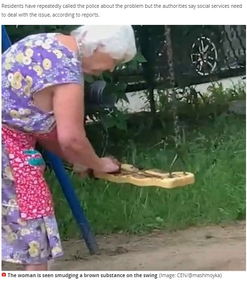 ブランコに便を塗る高齢女性（画像は『Mirror　2020年7月6日付「Woman, 90, caught smearing ‘poo’ on children’s swings in bizarre protest」（Image: CEN/＠mashmoyka）』のスクリーンショット）