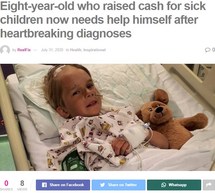 病院で治療を受ける8歳男児（画像は『RealFix　2020年7月31日付「Eight-year-old who raised cash for sick children now needs help himself after heartbreaking diagnoses」』のスクリーンショット）