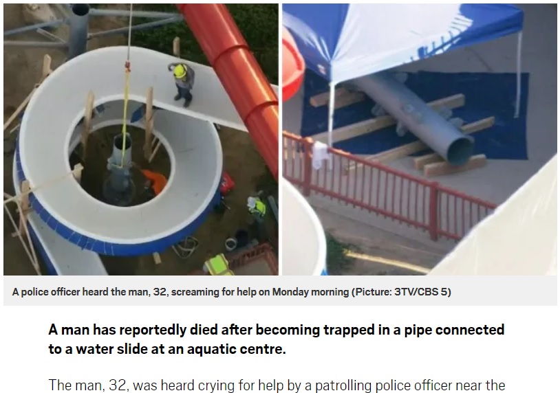 解体されたウォータースライダーを支えるパイプ（画像は『Metro　2020年8月18日付「Man, 32, dead after getting stuck in water slide support pipe」（Picture: 3TV/CBS 5）』のスクリーンショット）