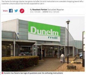 物議を醸すまな板を販売したダネルム（画像は『Daily Star　2020年9月11日付「Dunelm customers left baffled over bizarre chopping board instructions」』のスクリーンショット）