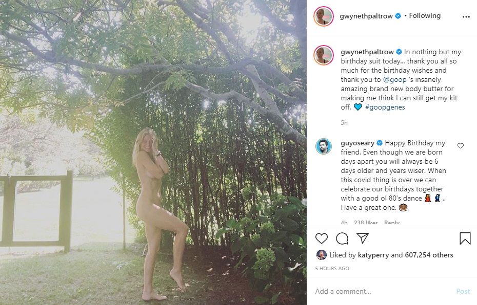 48歳の誕生日に大胆ヌードショットを公開（画像は『Gwyneth Paltrow　2020年9月27日付Instagram「In nothing but my birthday suit today...」』のスクリーンショット）