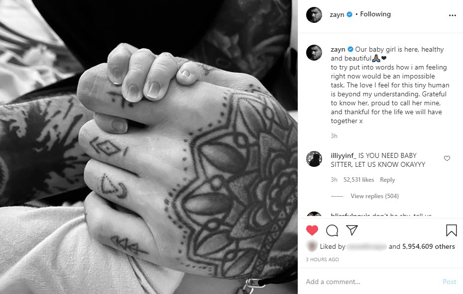 ゼイン・マリクがSNSにジジの出産報告（画像は『Zayn Malik　2020年9月23日付Instagram「Our baby girl is here, healthy and beautiful」』のスクリーンショット）