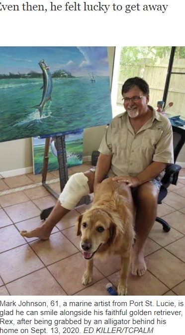 飼い犬のレックスとマークさん（画像は『TCPalm　2020年9月14日付「Florida man survives alligator attack, but with 65 stitches. Here’s how he got away.」』のスクリーンショット）