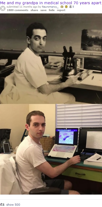 医学の道に進んだ祖父と70年後の孫（画像は『old.reddit.com　2019年10月10日付「Me and my grandpa in medical school 70 years apart （equally sleep deprived）」』のスクリーンショット）