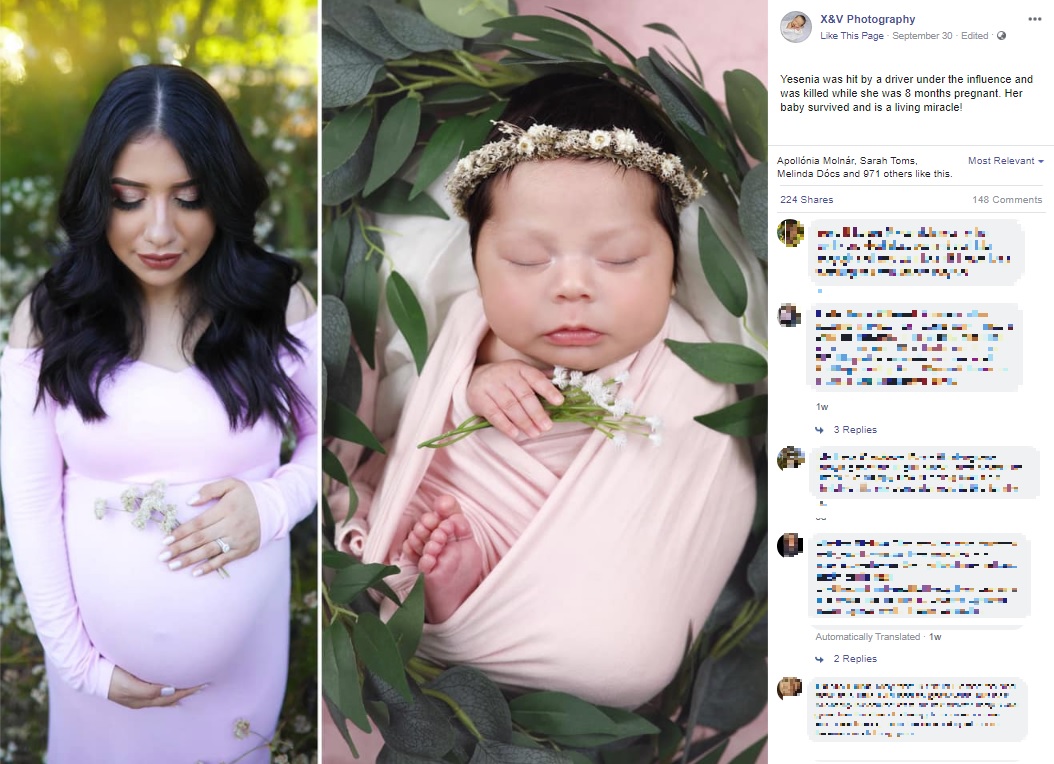 亡くなった母親と赤ちゃん（画像は『X＆V Photography　2020年9月30日付Facebook「Yesenia was hit by a driver under the influence and was killed while she was 8 months pregnant.」』のスクリーンショット）