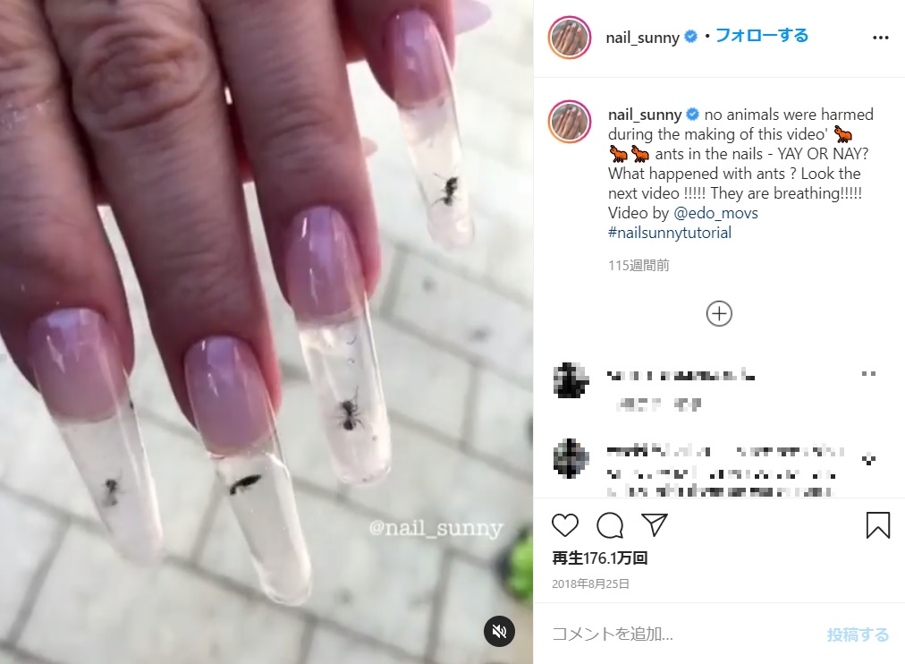 生きたアリをネイルに閉じ込めたことも（画像は『Nail Sunny　2020年7月13日付Instagram「sore nose」』のスクリーンショット）