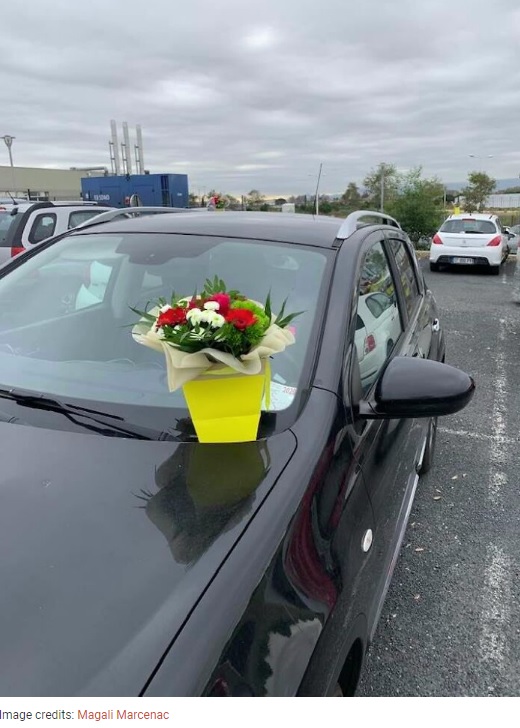 フロントガラスの上に置かれた花束（画像は『Bored Panda　2020年11月5日付「This Florist Places Hundreds Of Bouquets On Caregivers’ Cars In A Hospital Parking Lot After Being Forced To Throw Away Unsold Flowers」（Image credits: Magali Marcenac）』のスクリーンショット）