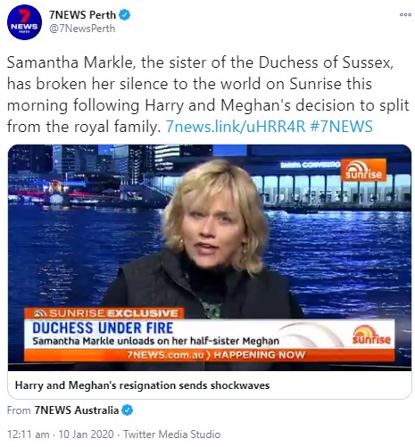 批判したサマンサさんに「その通り」と同意の声も（画像は『The 7NEWS Perth　2020年1月10日付Twitter「Samantha Markle, the sister of the Duchess of Sussex, has broken her silence to the world on Sunrise this morning following Harry and Meghan’s decision to split from the royal family.」』のスクリーンショット）