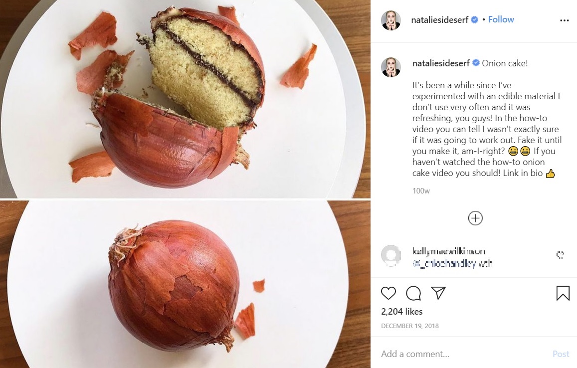 玉ねぎの皮まで本物そっくり（画像は『Natalie Sideserf　2019年12月18日付Instagram「Onion cake!」』のスクリーンショット）