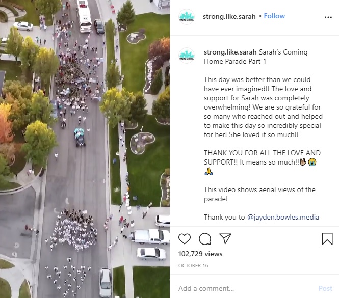 自宅から約1.6キロをパレード（画像は『Sarah Frei　2020年10月16日付Instagram「Sarah’s Coming Home Parade Part 1」』のスクリーンショット）