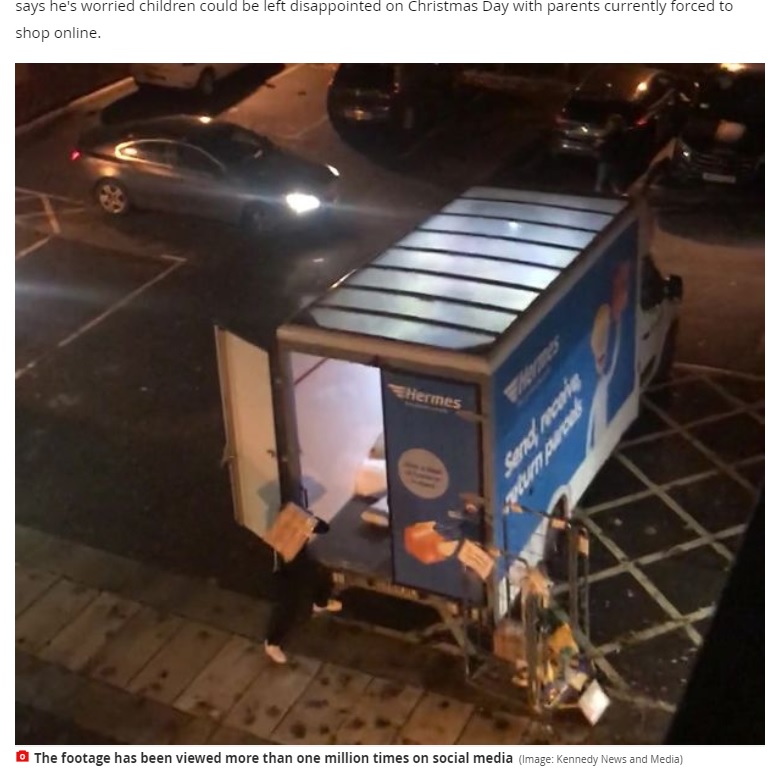 トラック内に荷物を放り投げる姿を見られていた配達員（画像は『Mirror　2020年11月4日付「Hermes delivery driver filmed launching parcels into van ‘as hard as he could’」（Image: Kennedy News and Media）』のスクリーンショット）