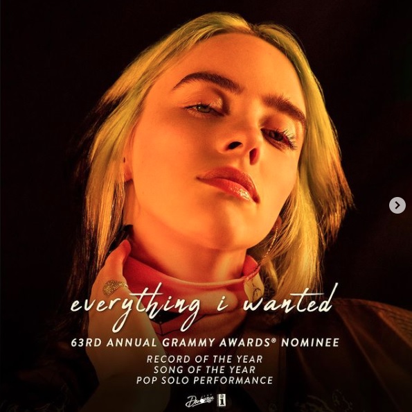 今月18日には19歳の誕生日を迎えるビリー（画像は『BILLIE EILISH　2020年11月25日付Instagram「thank you ＠recordingacademy for recognizing “everything i wanted” and “No Time To Die”」』のスクリーンショット）