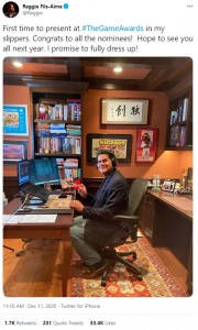 米国任天堂の元最高責任者レジナルド・フィサメィ氏（画像は『Reggie Fils-Aime　2020年12月11日付Instagram「First time to present at ＃TheGameAwards in my slippers.」』のスクリーンショット）