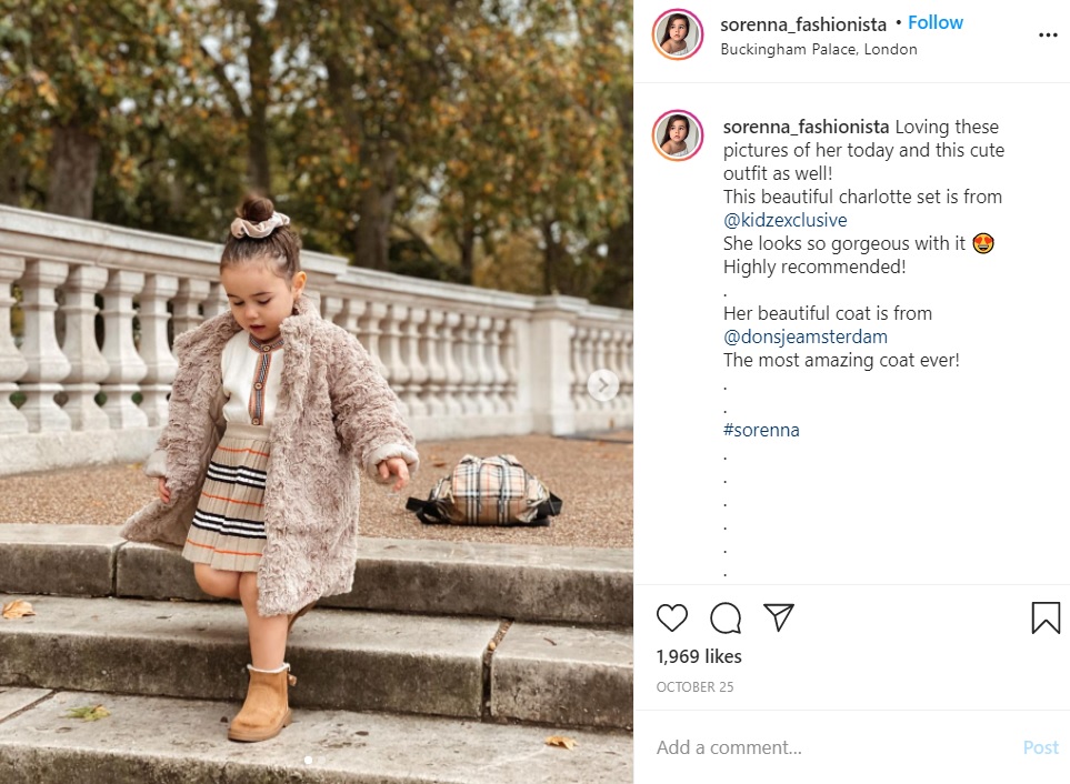 お出かけはおしゃれにがモットー（画像は『Sorenna Dreni　2020年10月25日付Instagram「Loving these pictures of her today and this cute outfit as well!」』のスクリーンショット）