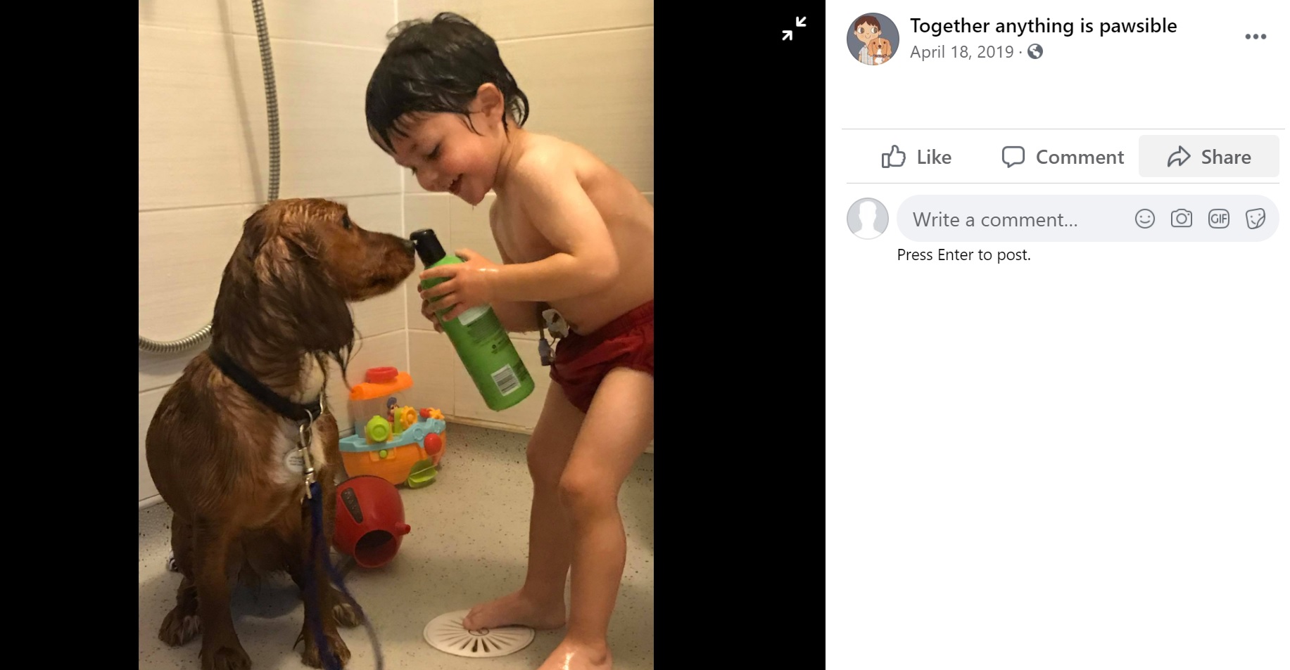 ファーンと一緒にシャワーを浴びるレオン君（画像は『Together anything is pawsible　2019年4月18日付Facebook』のスクリーンショット）