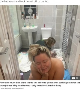 バスルームでの出産となったビリーさん（画像は『The Sun　2020年12月21日付「PUSH PRESENT Mum shares pic of her ‘relieved’ face after pushing out what she thought was a poop - only to realise it was her baby」（Credit: Kennedy News and Media）』のスクリーンショット）