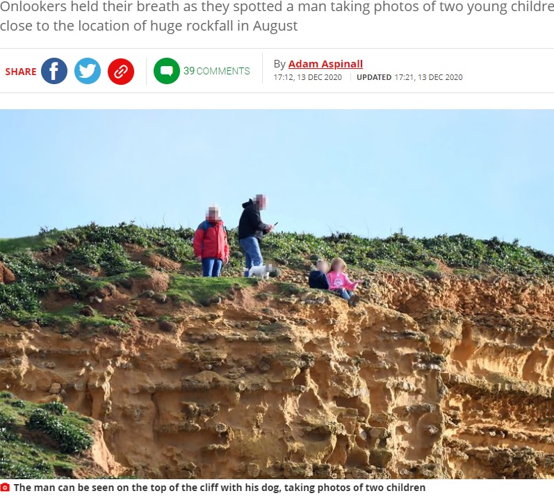 崖の端に2人の子供を座らせる男性ら（画像は『Mirror　2020年12月13日付「Chilling snaps at edge of cliff as man ignores safety notices to photograph kids」』のスクリーンショット）