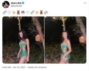 妊娠疑惑の発端となったデュア・リパの投稿（画像は『DUA LIPA　2021年1月14日付Twitter』のスクリーンショット）