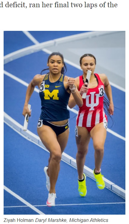 最下位からの逆転劇を見せたアンカー（画像は『Detroit News　2021年1月21日付「Michigan’s Ziyah Holman hopes furious finish inspires others to never give up」（Michigan Athletics）』のスクリーンショット）